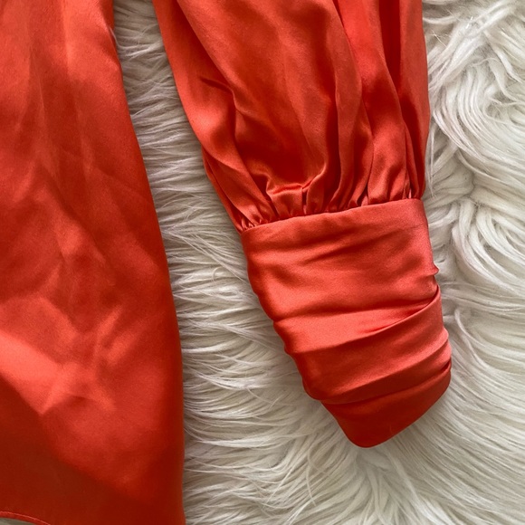Cinq a Sept Neon Coral Satin Silk One Shoulder Stace Shirt Asymmetrical Blouse - Picture 6 of 14